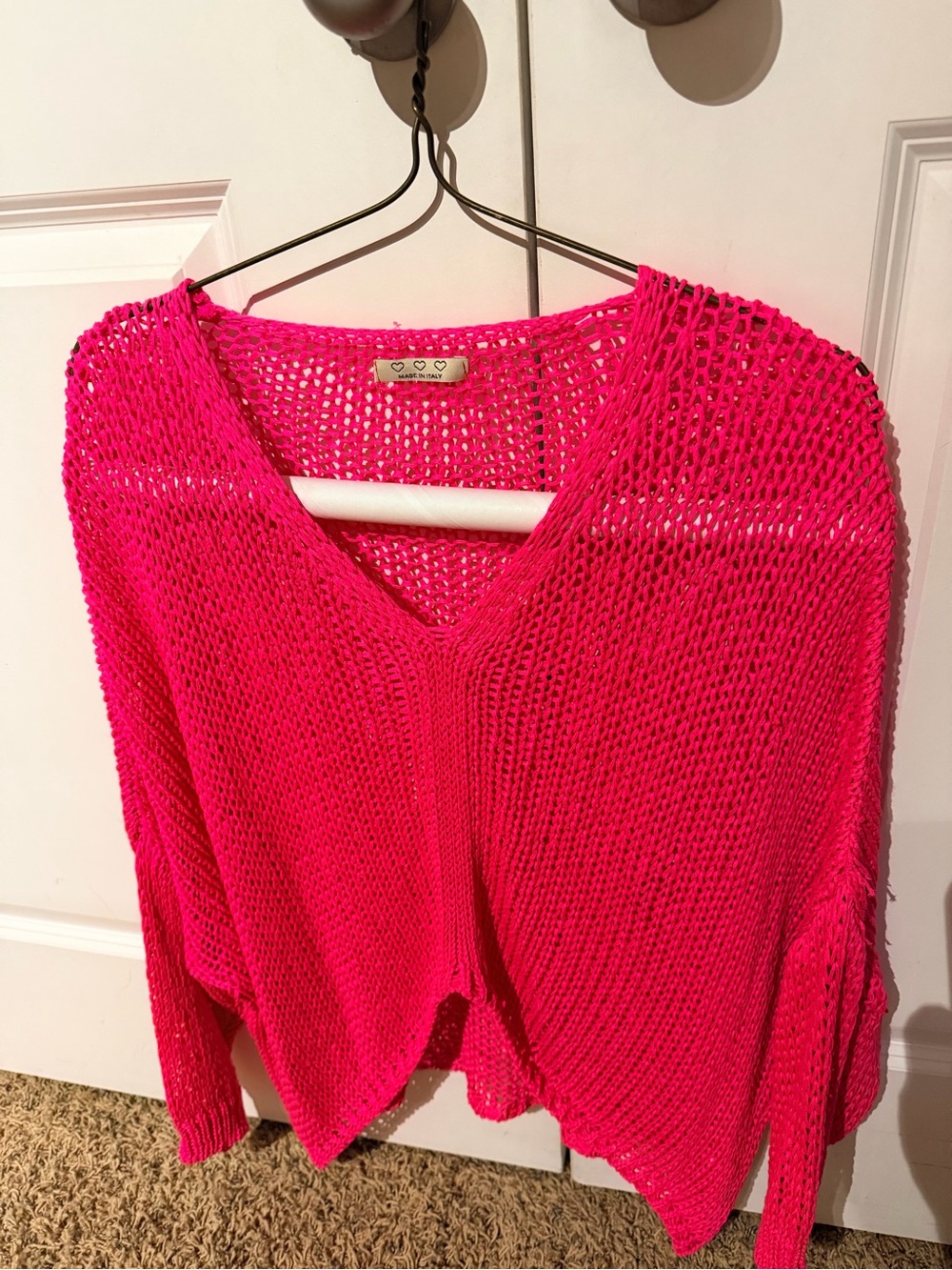Open-Knit V-Neck Sweater Top — Bright Pink